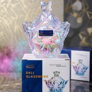 Delisoga Glassware Crystal Candy Jar with Lid (Model DSTG22HC) - Iridescent Decorative Glass Storage Pot
